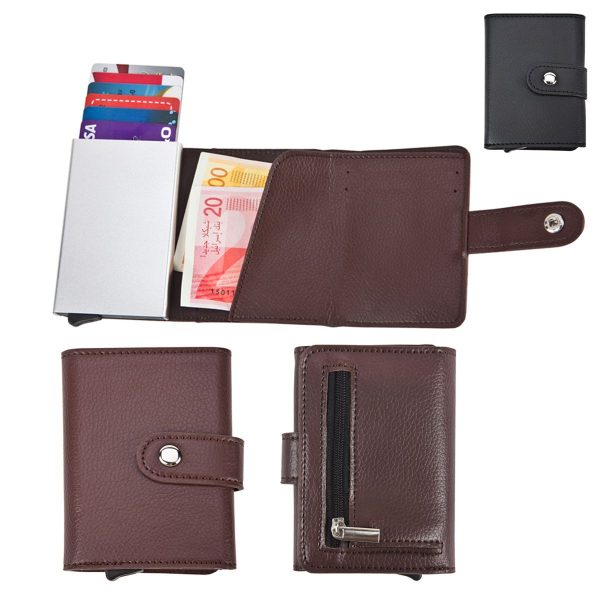 Wallet for credit and money cards with card withdrawal mechanism